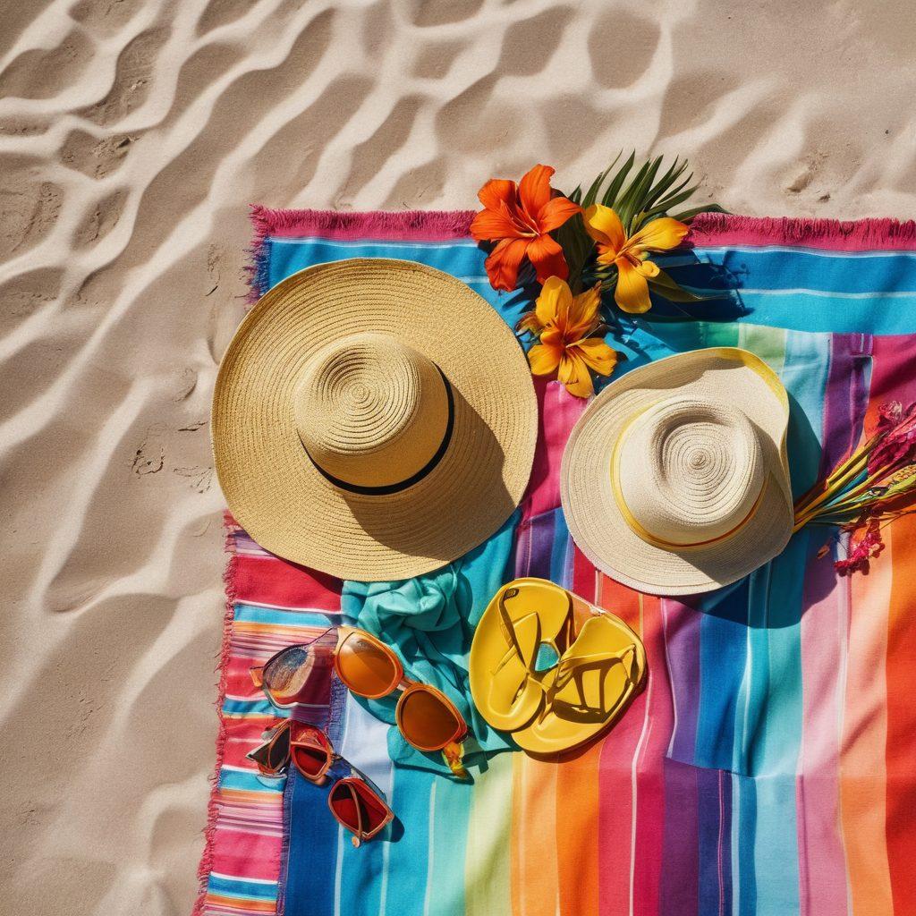 A vibrant beach scene showcasing a variety of stylish beachwear, including swimsuits, sun hats, and cover-ups, laid out on colorful beach towels with tropical flowers surrounding them. Soft sunlight accentuates the textures of the fabrics and the shimmer of the ocean in the background. Include beach accessories like sunglasses, flip-flops, and a beach bag. sun-kissed palette and bright colors. super-realistic. vibrant colors.